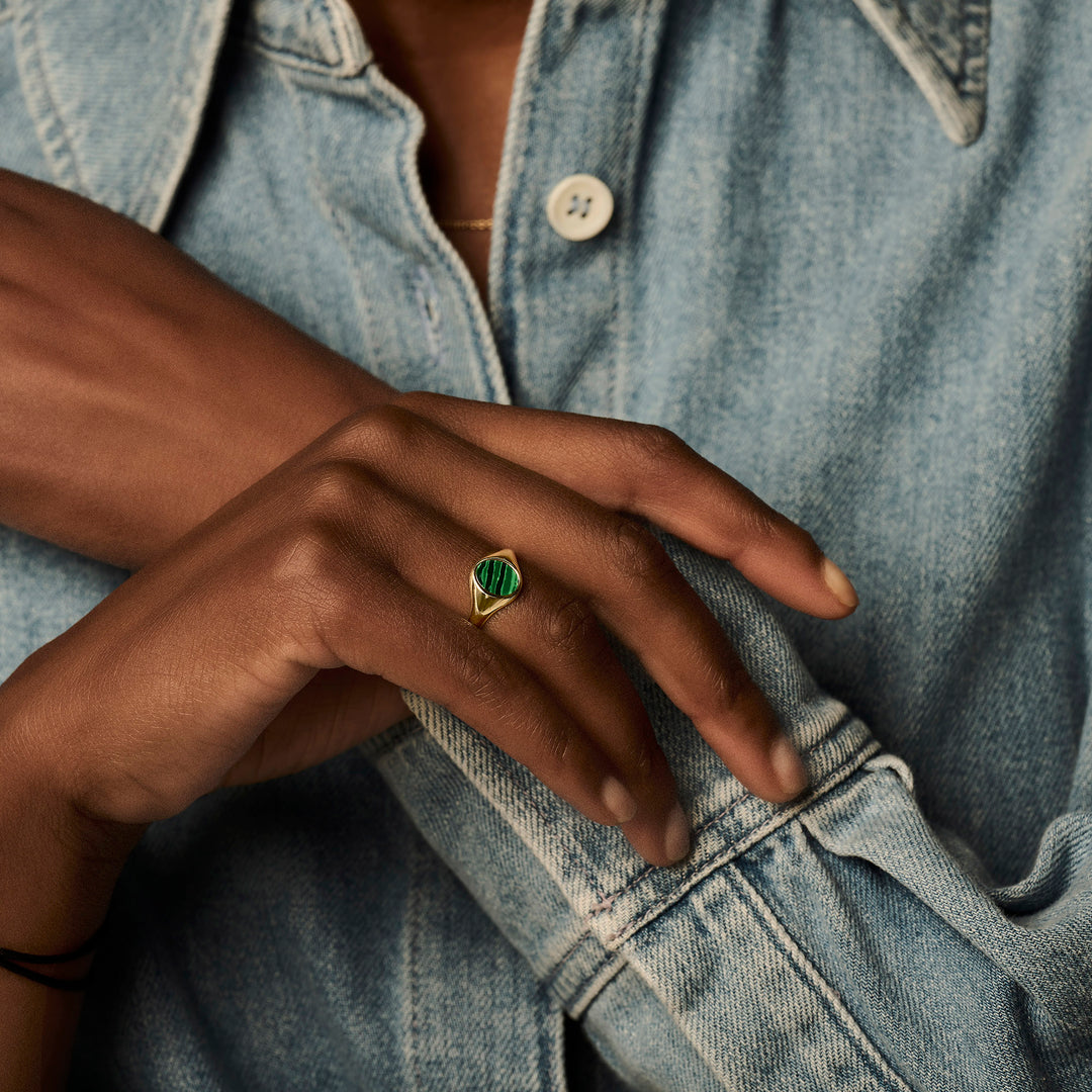 Blush - 2.1mm Malachite Signet Ring - 14kt Yellow Gold