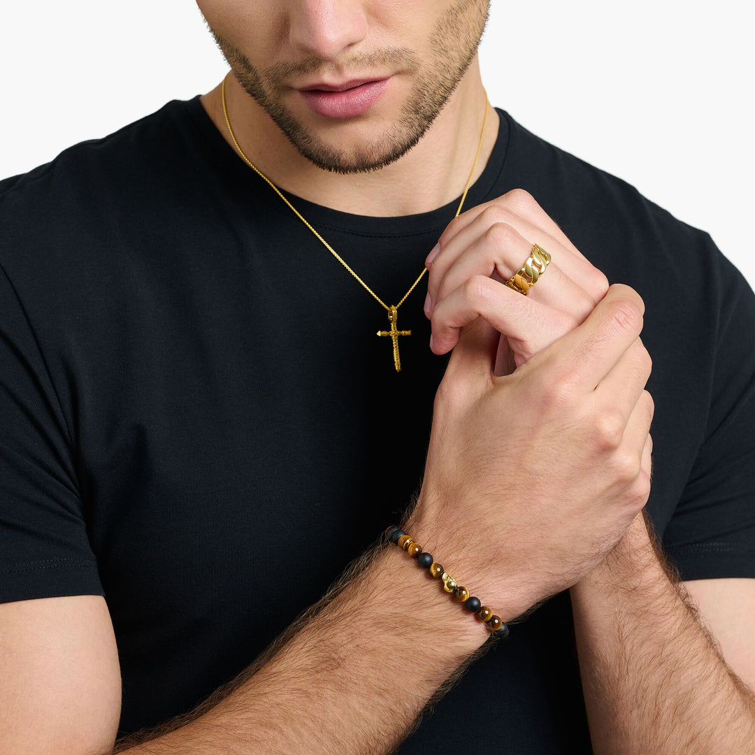 Thomas Sabo - Beaded Tiger's Eye and Obsidian Bracelet with Gold Skull