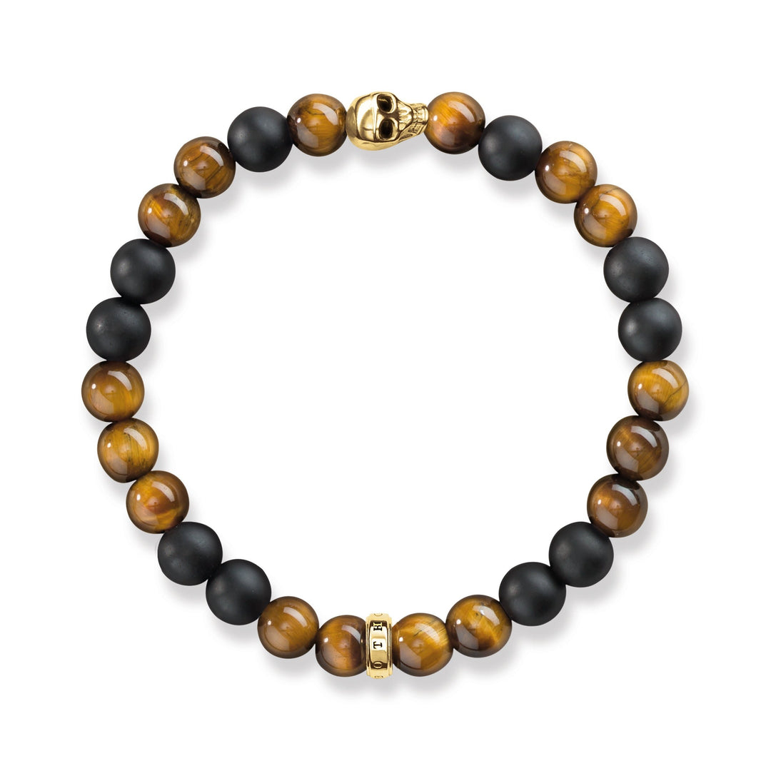 Thomas Sabo - Beaded Tiger's Eye and Obsidian Bracelet with Gold Skull