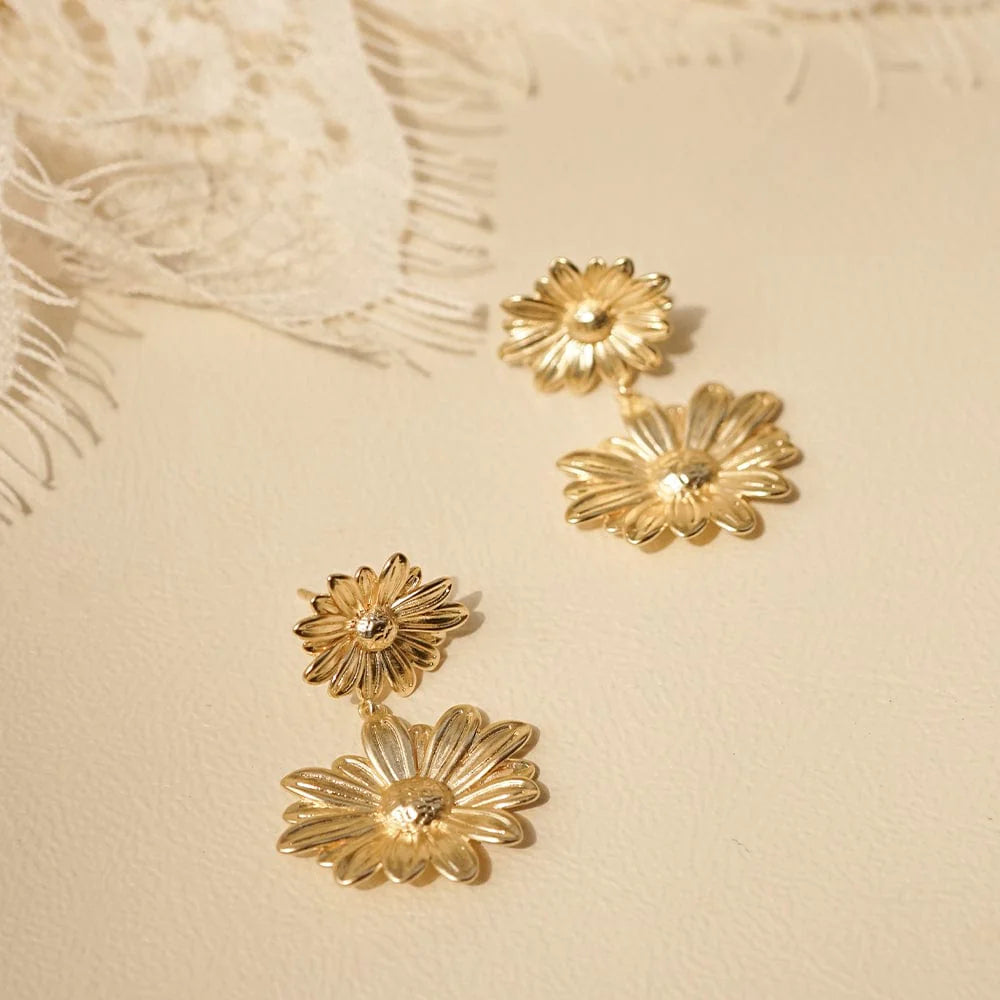 Daisy London - Double Daisy Flower Earrings - Gold