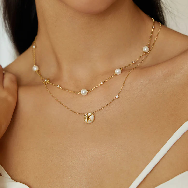 Ania Haie - Shell Pearl and Star Station Necklace - Gold