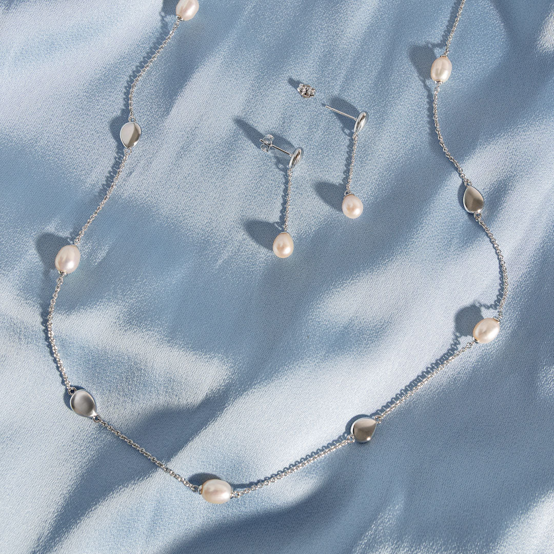 Kit Heath - Coast Pebble Pearl Chain Stud Drop Earrings - Silver