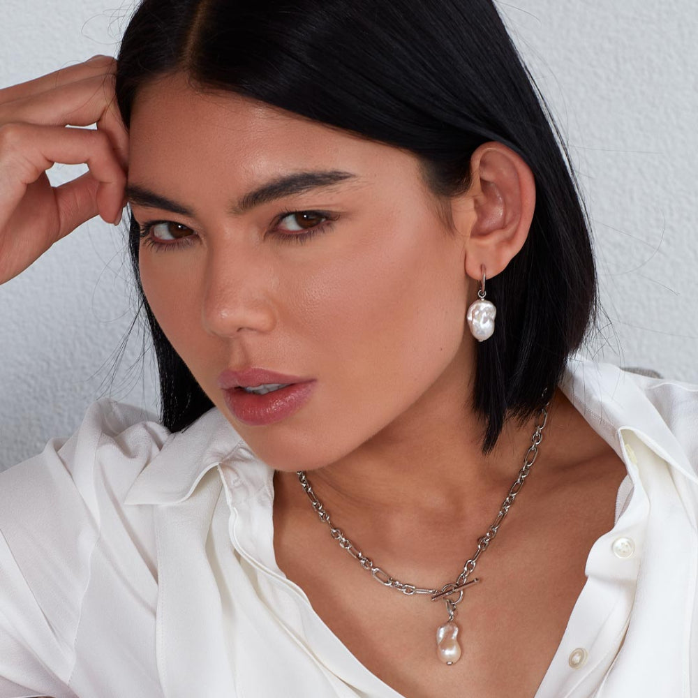 Kit Heath - Revival Baroque Pearl Multi-Wear Hoop Earrings - Silver