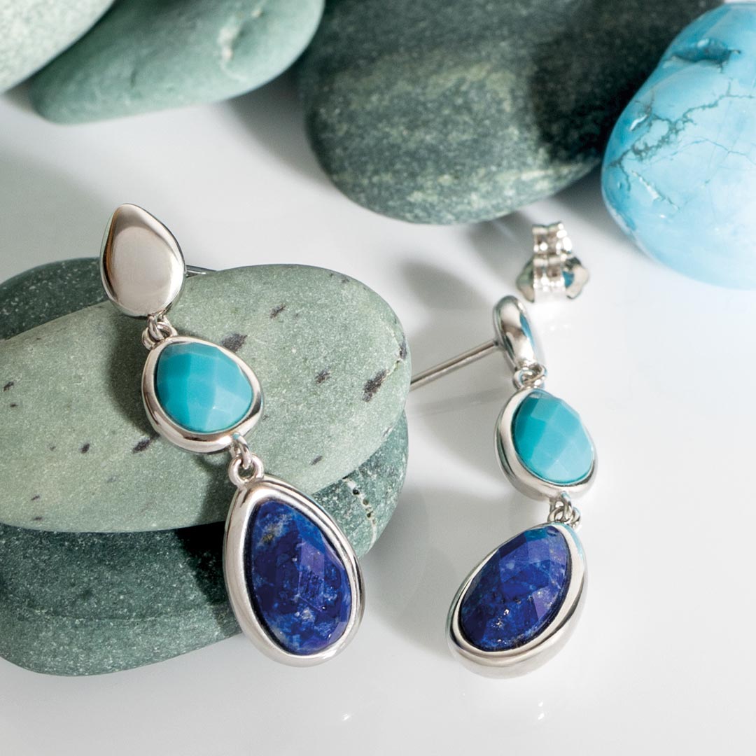 Kit Heath - Coast Pebble Azure Gemstone Trio Droplet Stud Drop Earrings - Silver