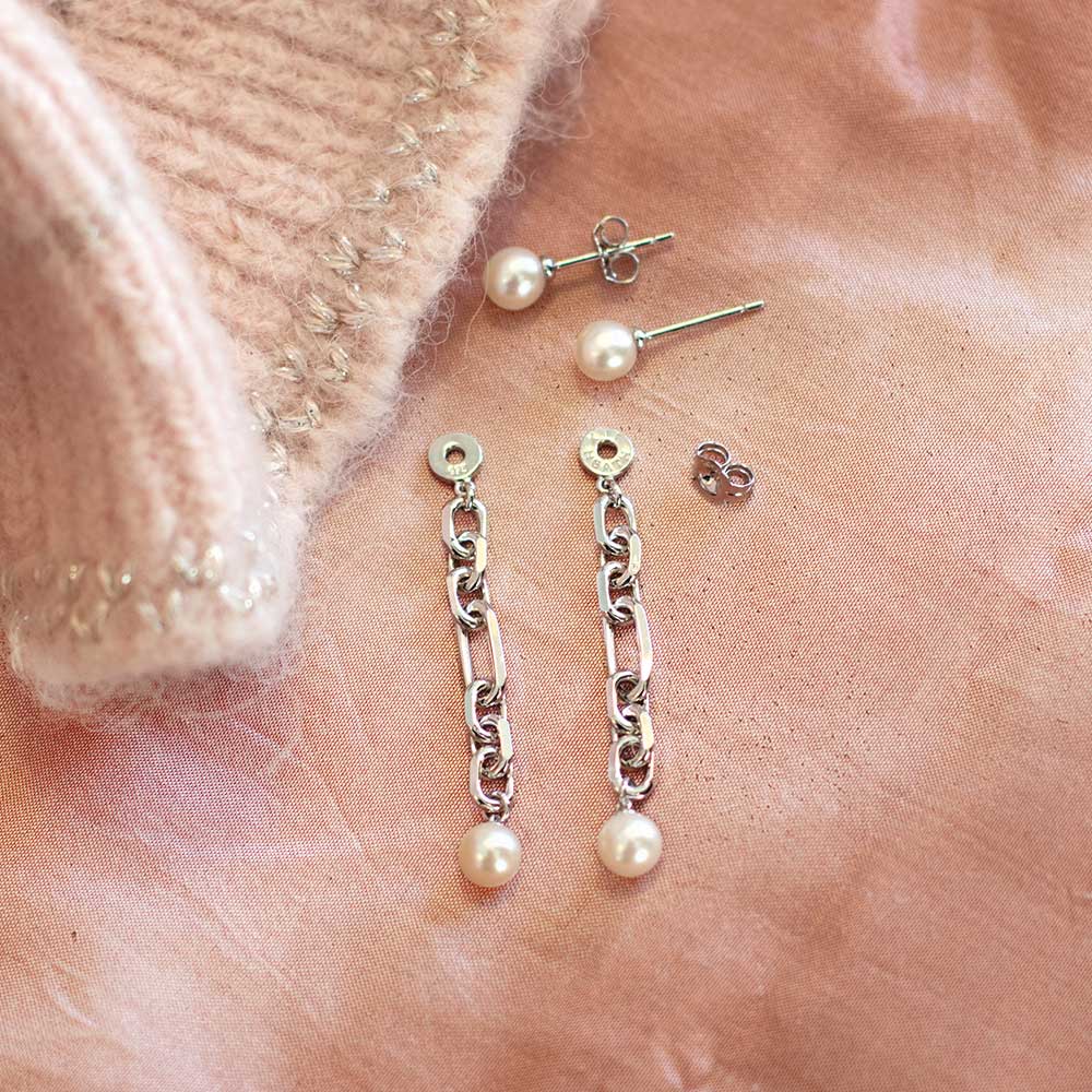 Kit Heath - Revival Figaro Pearl Chain Link Drop Earrings - Silver