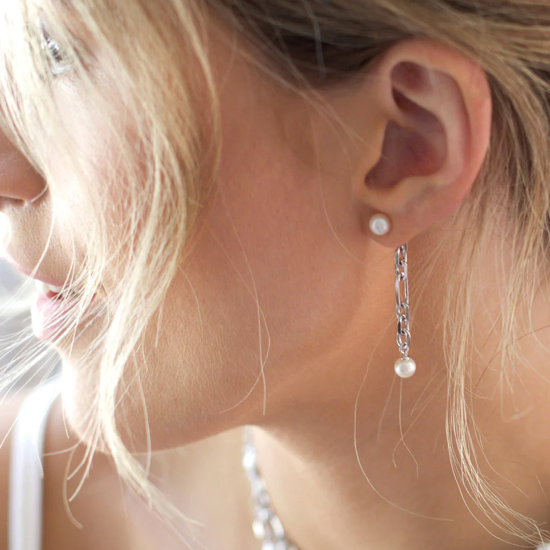 Kit Heath - Revival Figaro Pearl Chain Link Drop Earrings - Silver