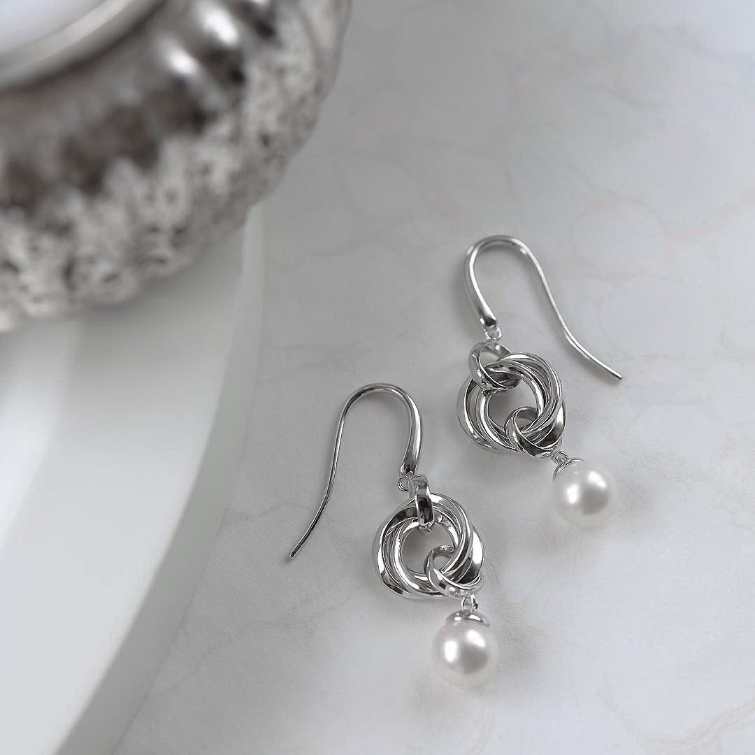Kit Heath - Bevel Trilogy Pearl Drop Earrings - Silver