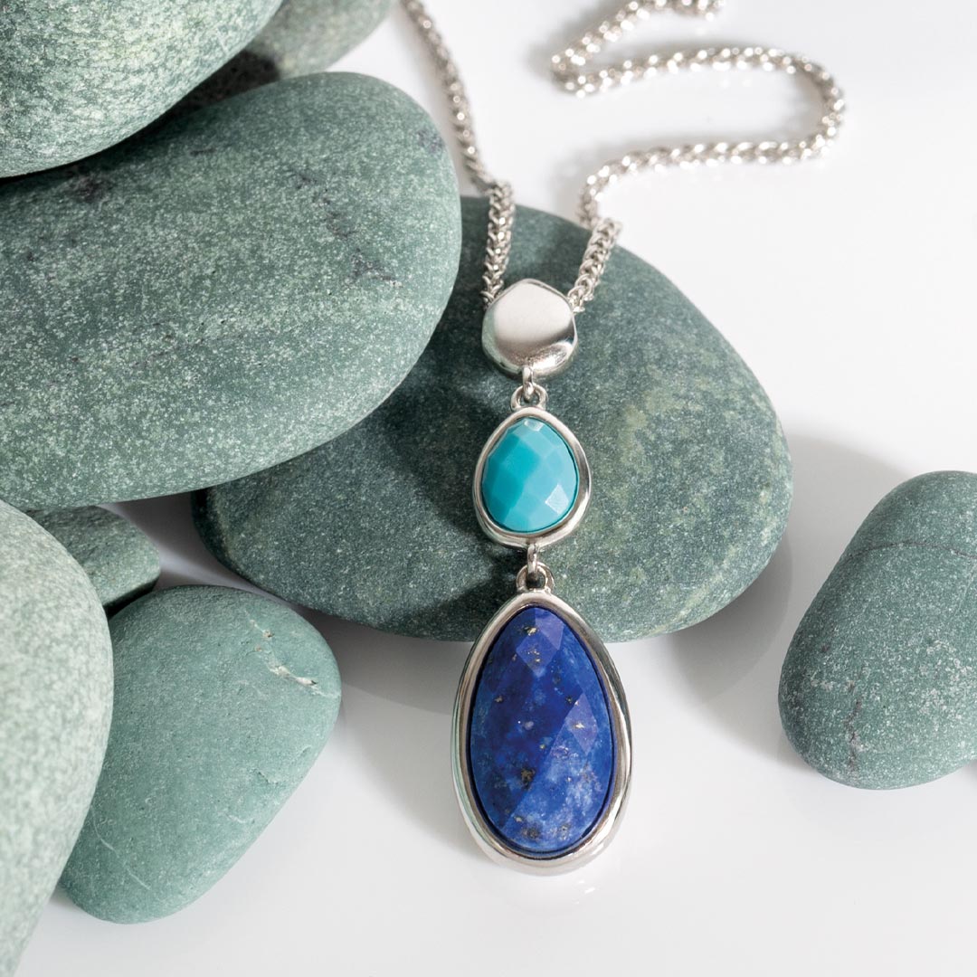 Kit Heath - Coast Pebble Azure Gemstone Trio Droplet Necklace - Silver