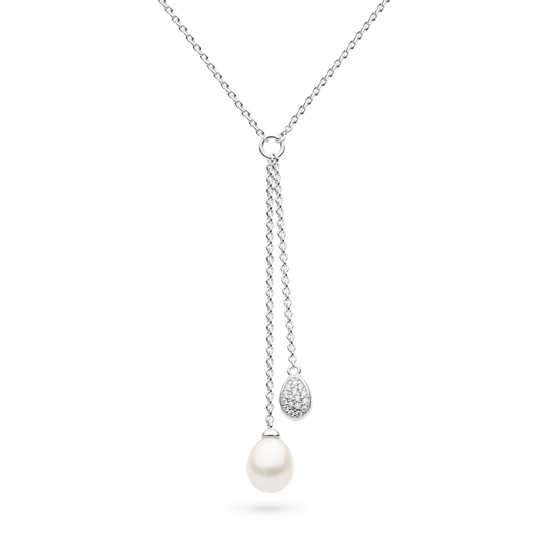 Kit Heath - Coast Pebble Glisten Pavé & Pearl Lariat Style Necklace - Silver