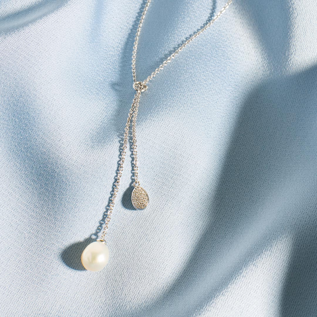 Kit Heath - Coast Pebble Glisten Pavé & Pearl Lariat Style Necklace - Silver