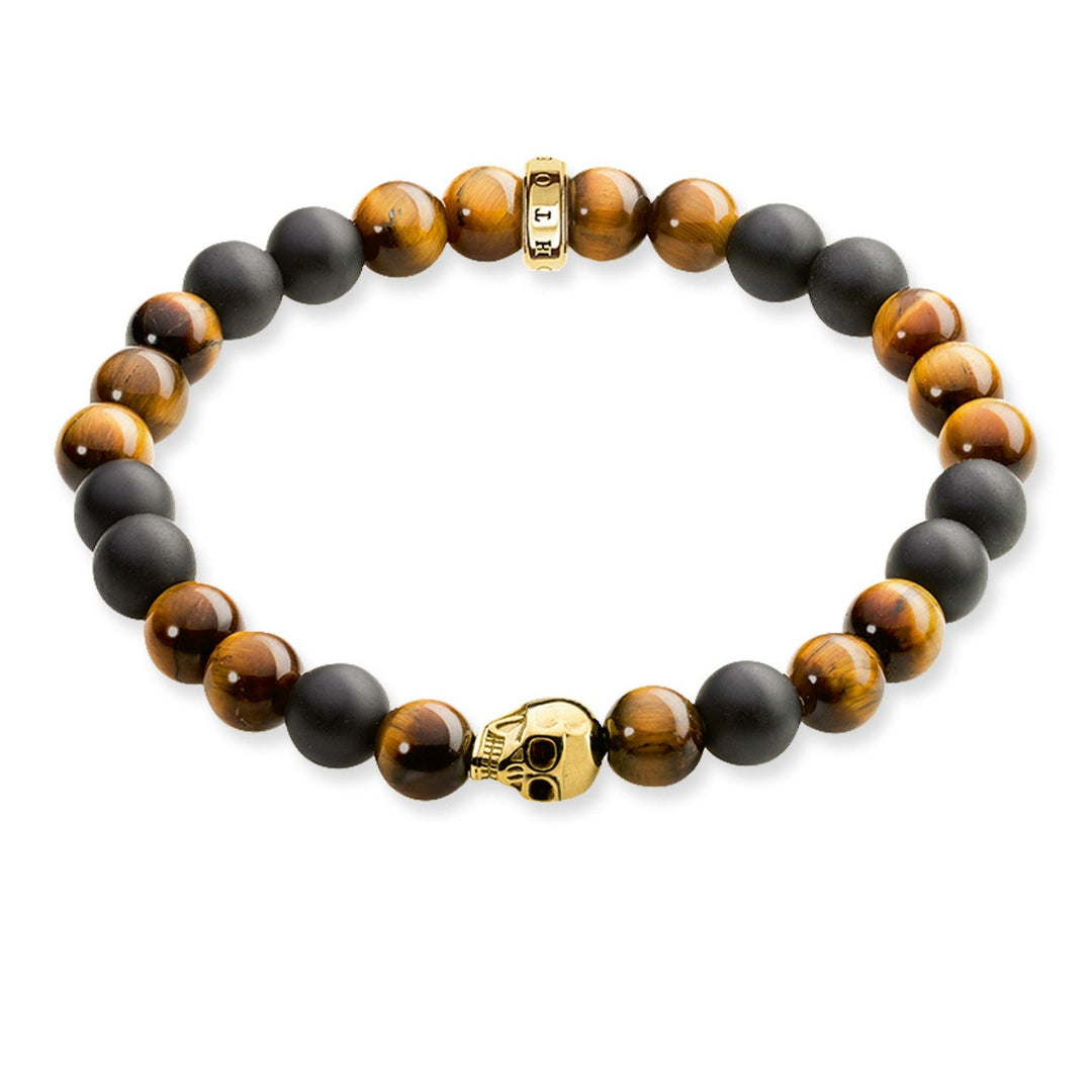 Thomas Sabo - Beaded Tiger's Eye and Obsidian Bracelet with Gold Skull