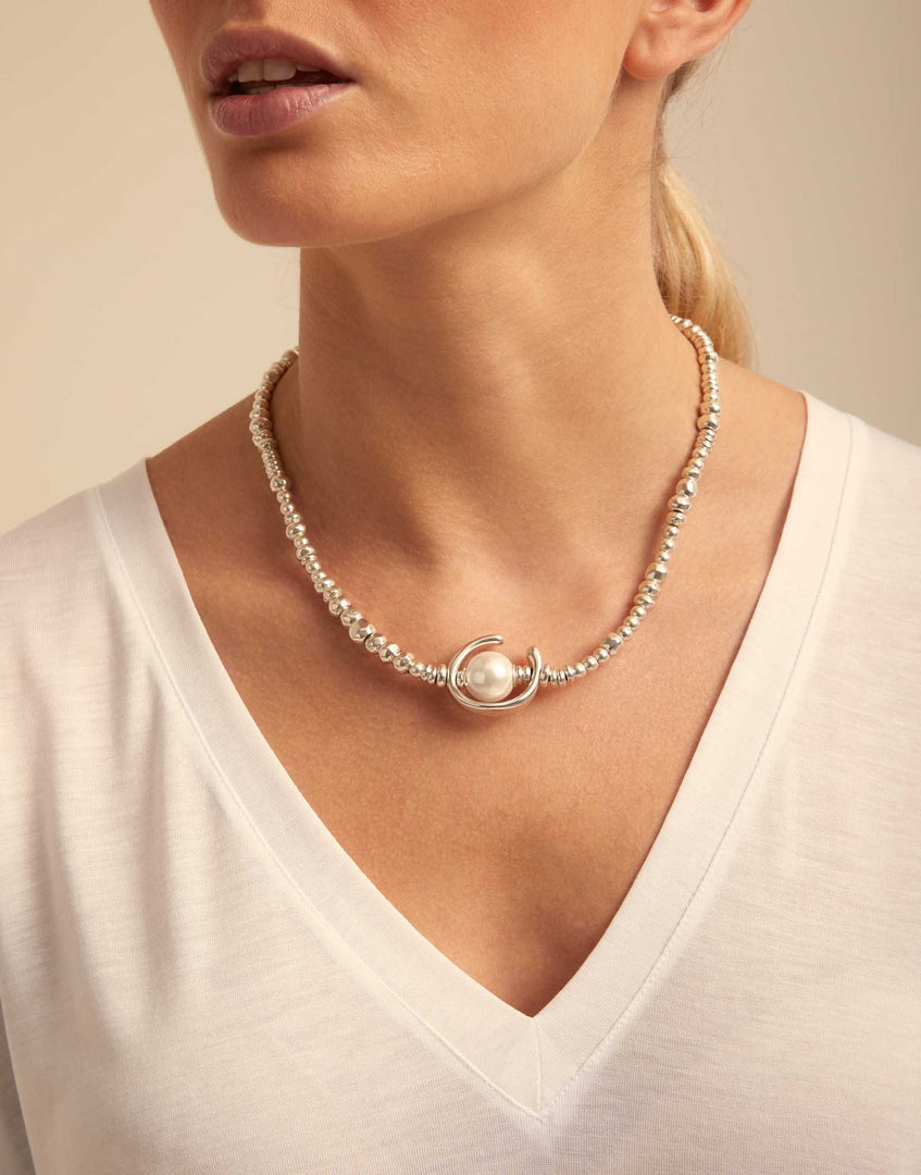 UNOde50 - Pearl and Leather Necklace - Silver