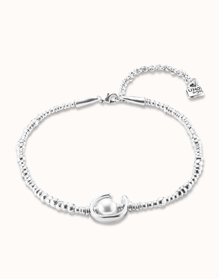 UNOde50 - Pearl and Leather Necklace - Silver