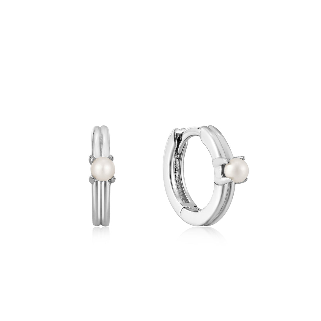 Ania Haie - Pearl Cabochon Huggie Hoop Earrings - Silver