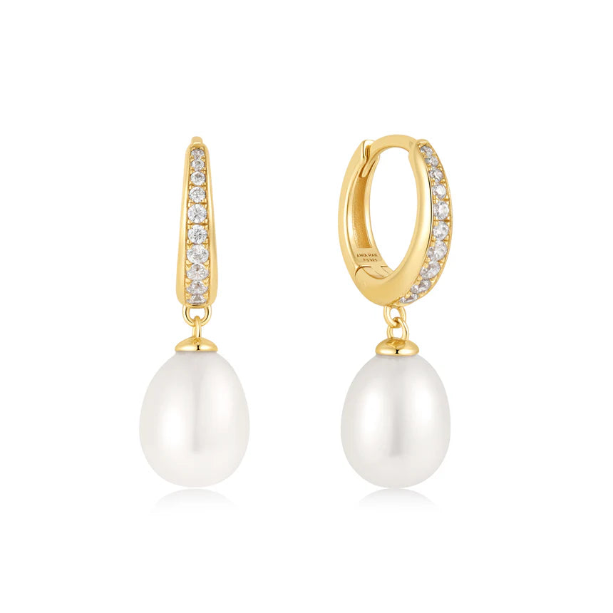 Ania Haie - Freshwater Pearl and White Cubic Zirconia Pavé Drop Huggie Earrings - Gold