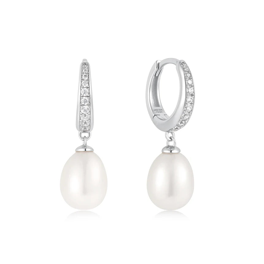 Ania Haie - Freshwater Pearl and White Cubic Zirconia Pavé Drop Huggie Earrings - Silver