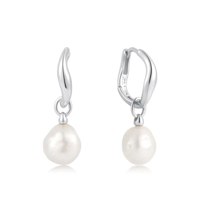 Ania Haie - Freshwater Pearl Drop Hoop Earrings - Silver