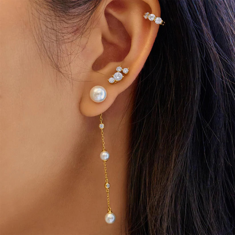Ania Haie - Cascade Shell Pearl Station Drop Stud Earrings - Gold