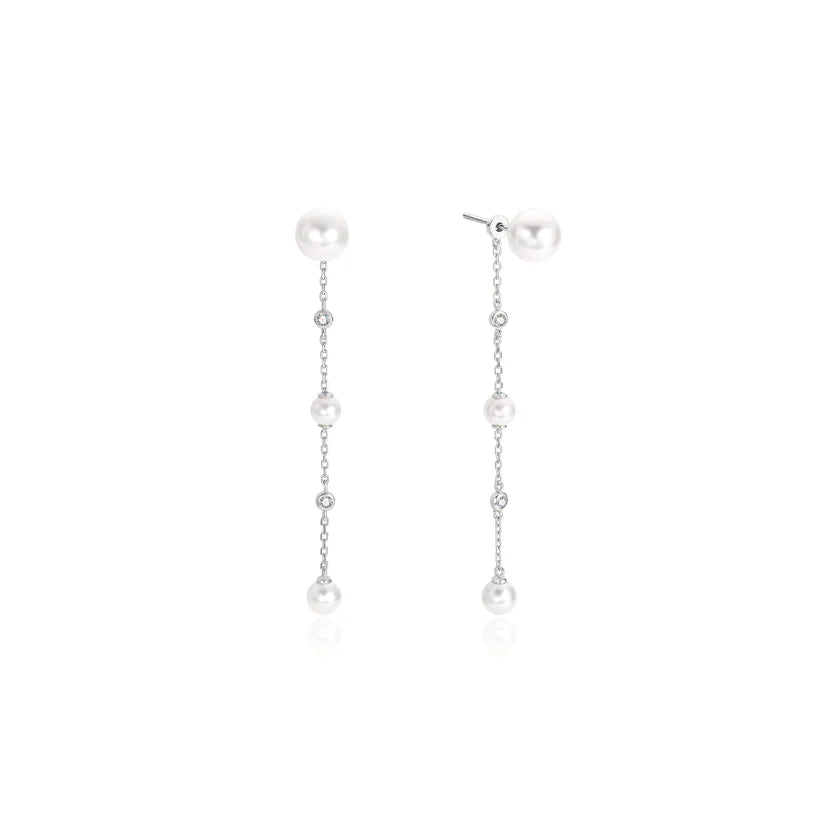 Ania Haie - Cascade Shell Pearl Station Drop Stud Earrings - Silver