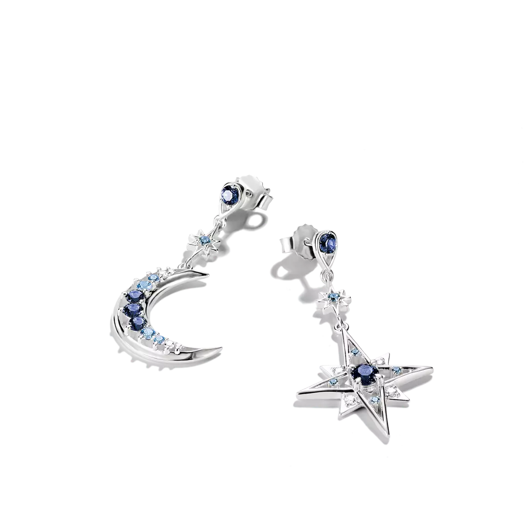 Thomas Sabo - Midnight Skies Moon And Star Dangle Earrings With White Zirconia - Silver