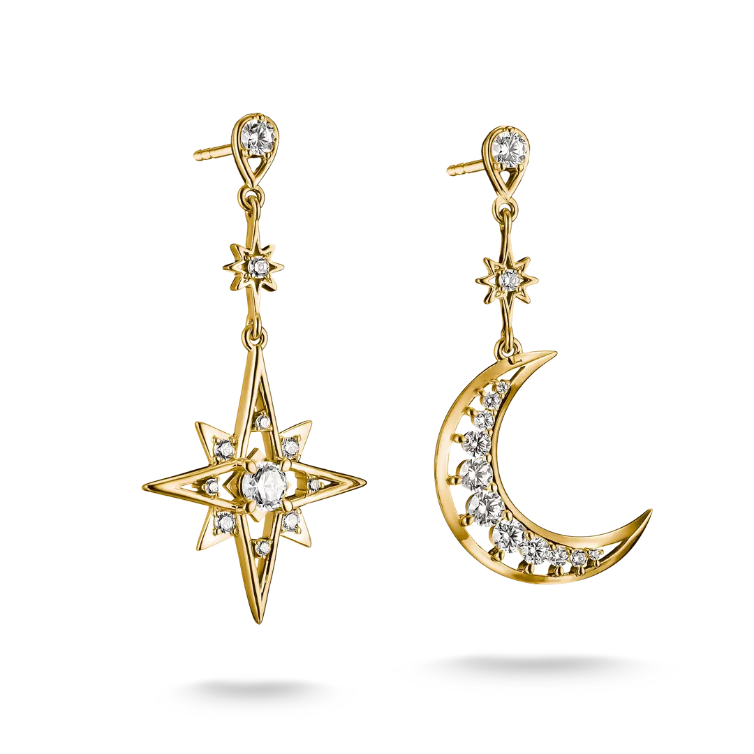 Thomas Sabo - Midnight Skies Moon And Star Dangle Earrings With White Zirconia - Gold