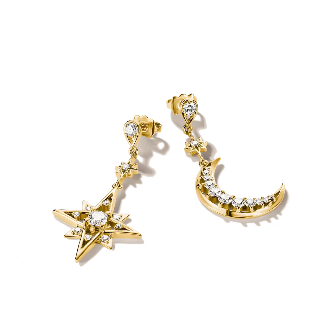 Thomas Sabo - Midnight Skies Moon And Star Dangle Earrings With White Zirconia - Gold