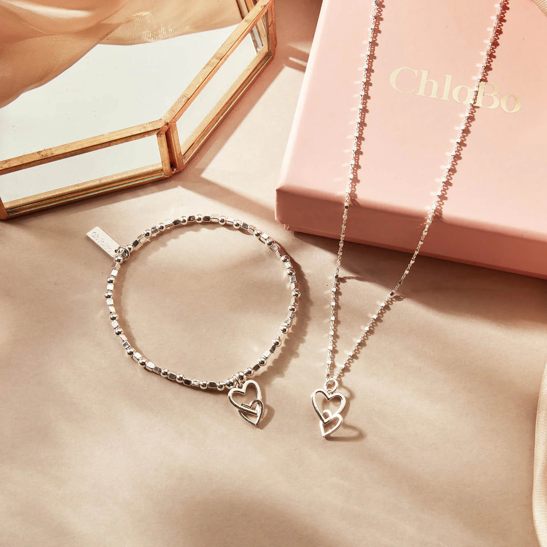 ChloBo - Delicate Cube Chain Interlocking Love Heart Necklace - Silver